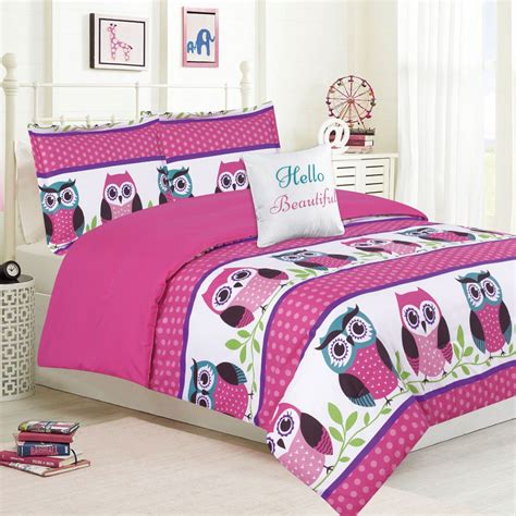 Girls Bedding Twin 4 Piece Comforter Bed Set Owl Pink Teal Purple Bed