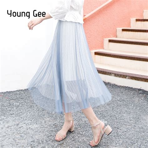 Young Gee Sweet Three Layer Tulle Skirts Womens Elastic High Waist Pleated Striped Mesh Casual