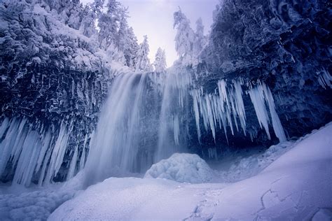 Fond Décran Forêt Cascade Eau La Nature Neige Hiver Bleu La