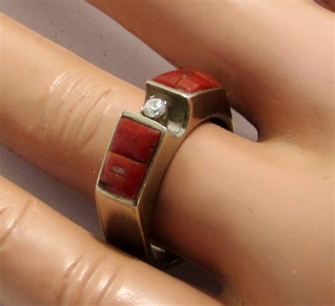 Sterling Silver Navajo Signed Philbert Begay Coral Clear Stone Band