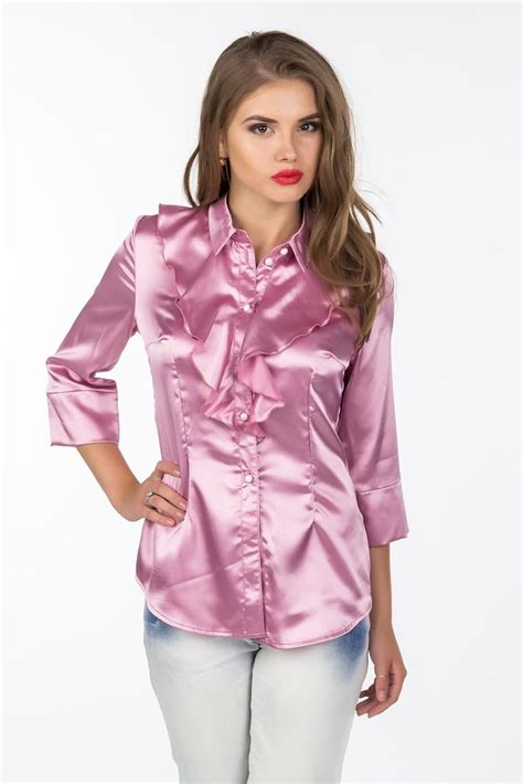 Pink Satin Fittrd Ruffle Blouse Кожаные юбки карандаш Атласные блузки Сатин