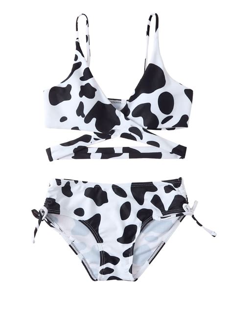 milumia girl cute cow print criss cross bikini wrap knot side swimsuit bathing suit size 9