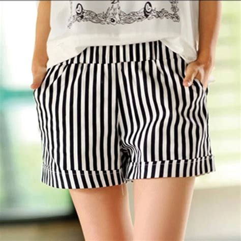 fashion stripe shorts women black white striped casual shorts high waist summer high elastic