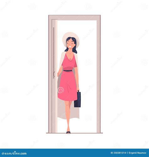 Woman Character At The Door Opening It Entering Home Vector