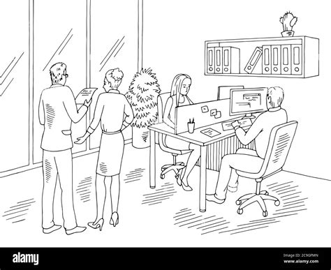 People Are Working In The Office Graphic Black White Interior Sketch