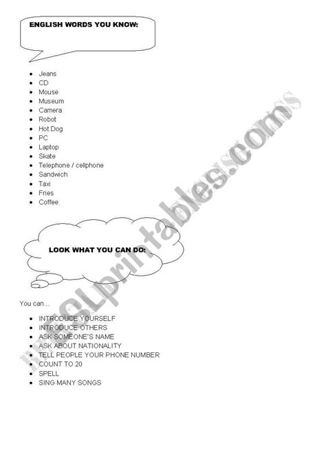 English Worksheets Words You Know Things You Can Do