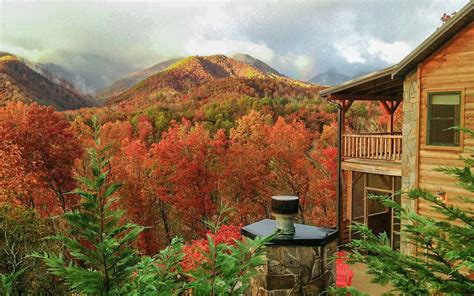 A Cabin In The Mountains Surrounded By Trees With Autumn Foliage On It