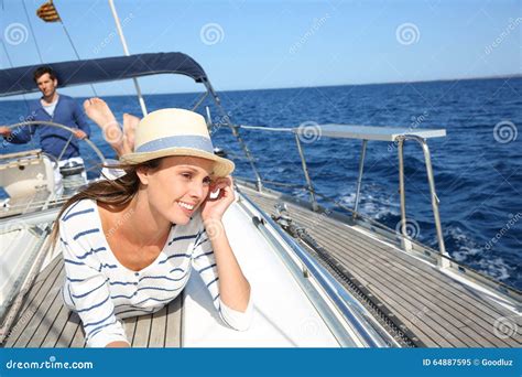 Beautiful Woman Relaxing On A Sailing Boat Stock Image Image Of