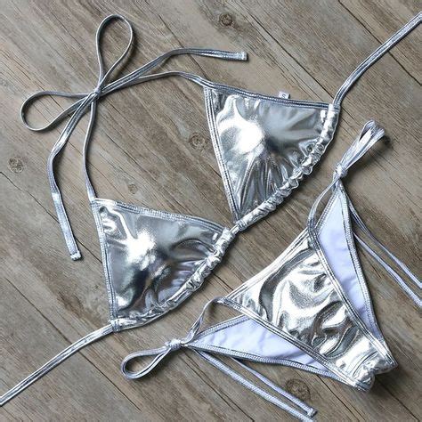 Silver Metallic Triangle Top Bikinis Set Swimwear Women Swimsuits