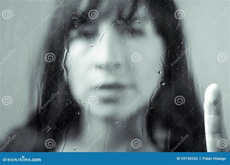 Closeup Portrait Of Brunette Girl Behind Glass Stock Photo Image Of