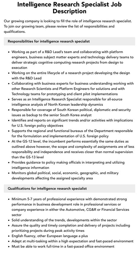 Intelligence Research Specialist Job Description Velvet Jobs