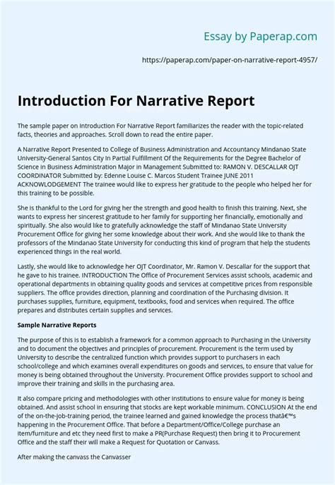 Introduction For Narrative Report Essay Example