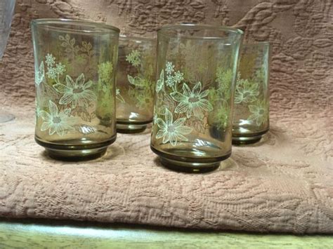 Four Vintage Libbey Juice Glasses Amber With Brown Cream Flowers 3 3 4” Libby Ebay