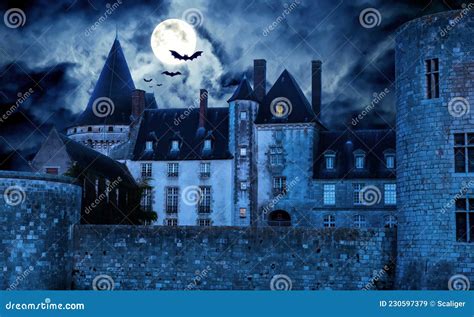 Haunted Gothic Castle At Night Old Spooky House In Full Moon Stock