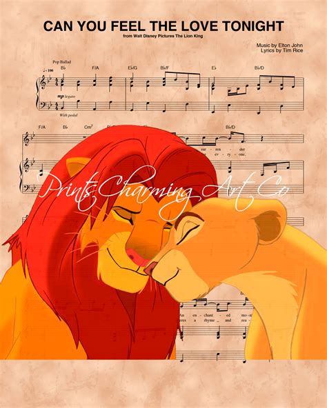 Lion King Simba Nala Can You Feel The Love Tonight Sheet Music Art Pri
