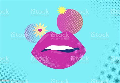 Colorful Woman Lips Bite With Stick Out Tongue On Blue Textured