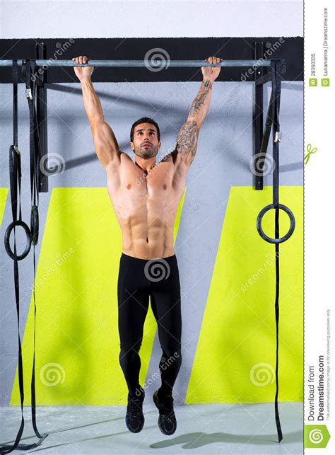 Crossfit Toes To Bar Man Pull Ups 2 Bars Workout Stock