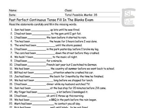 Past Perfect Continuous Tense Fill In The Blanks Exam Teaching Resources