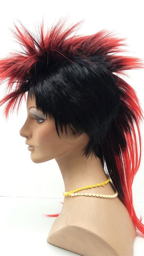 red mohawk punk rock wig rocker 70s 80s black rockstar halloween costume hair os accessories