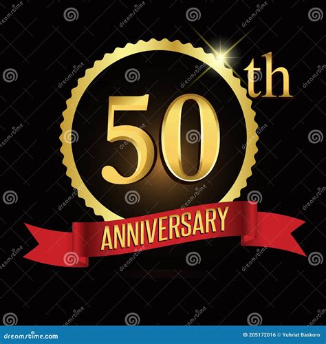 50th Golden Anniversary Logo With Shiny Ring Red Ribbon Stock Vector