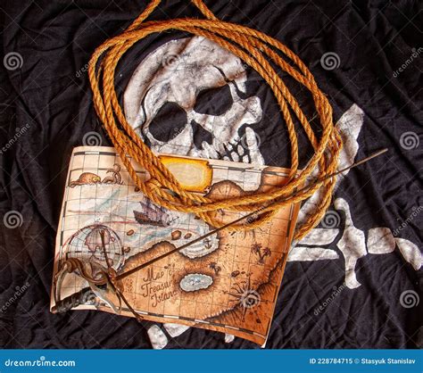 Mapa Del Tesoro De La Bandera Pirata Jolly Roger Cuerda Y Espada Imagen