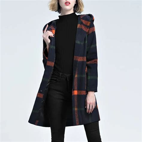 Fashion Women Wool Tartan Check Plaid Hooded Trench Coat Jacket Vinatge Ladies Long Sleeve