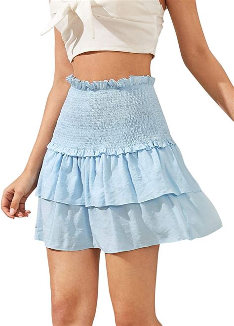 Women S Solid Shirred High Waist Layered Ruffle Hem Flared Mini Skirt