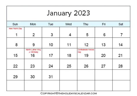 January Holidays 2023 Printable January Calendar 2023