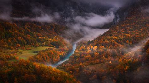 Landscape Nature River Mountain Fall Sunlight Trees Mist Sweden Aerial