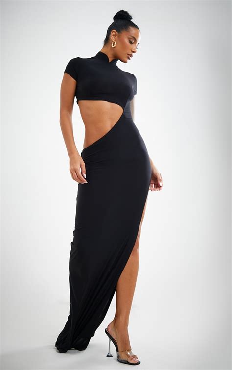 Black Slinky Cut Out Short Sleeve Maxi Dress Prettylittlething Aus