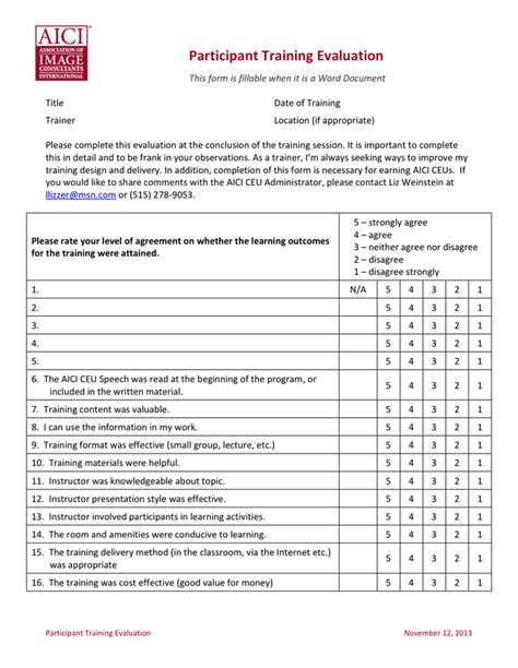 Free Training Evaluation Form Template