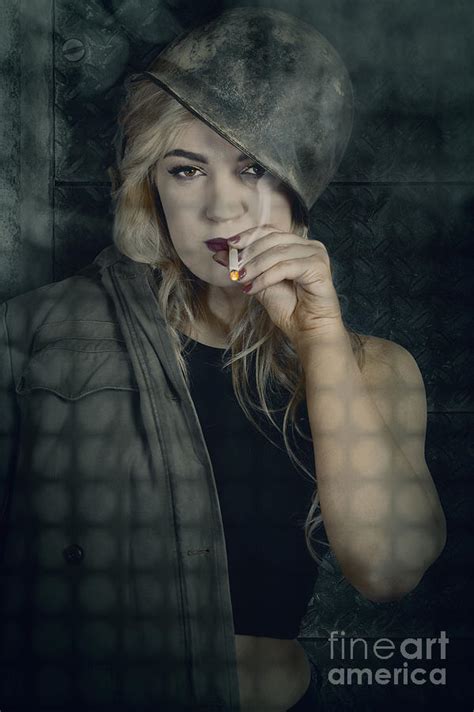 Female Pinup Soldier Smoking Cigarette In Foxhole Photograph By Jorgo