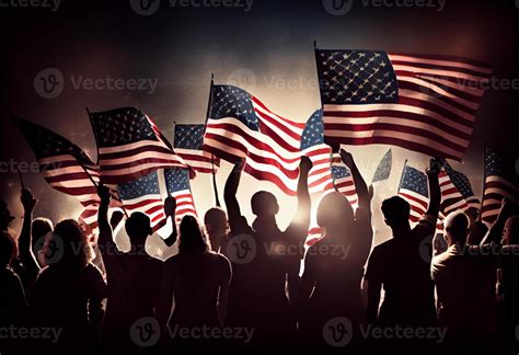 Group Of People Waving American Flags In Back Lit Generate Ai