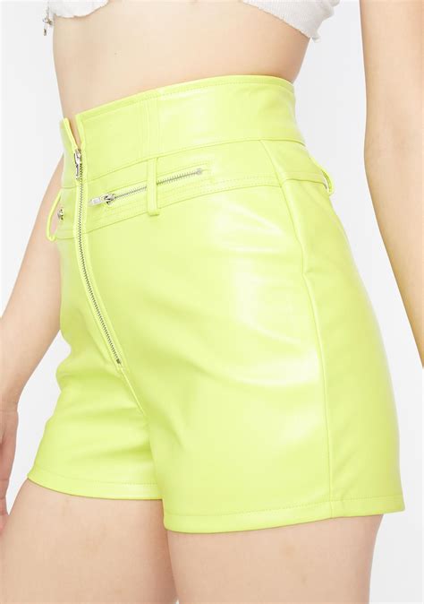 Neon Green Vegan Leather High Waist Shorts Dolls Kill