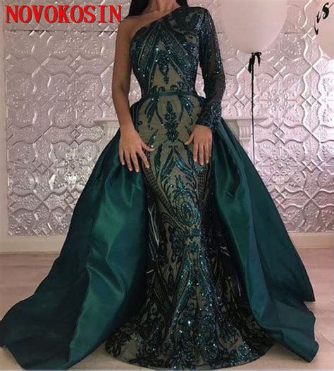 One Shoulder Long Sleeves Green Sequin Plus Size Formal Gown Prom Dress