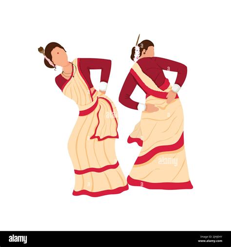 Cartoon Assamese Women Doing Bihu Or Folk Dance On White Background