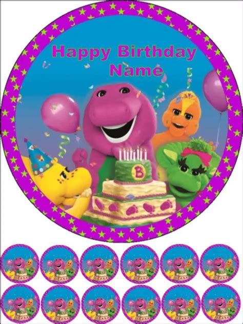 Edible Round 75and Barney And Friends Birthday Cake Topper And 12 Cupcakes