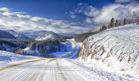Sky Clouds Mountain Road Snow Winter Tree Nature Hd Wallpaper