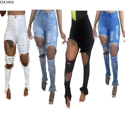 Cmyaya Hole Hollow Out Denim Pants Women Retro Solid Sexy Hole Jeans Ripped Pencil Trousers