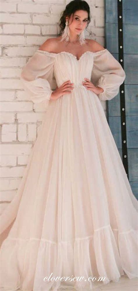 Off The Shoulder Long Puffy Sleeves Tulle A Ine Wedding Dressescw0116