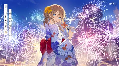 Wallpaper Festival Anime Girl Back View Fireworks Blonde Yukata