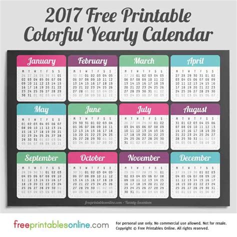 2017 Yearly Colorful Calendar To Print Free Printables Online
