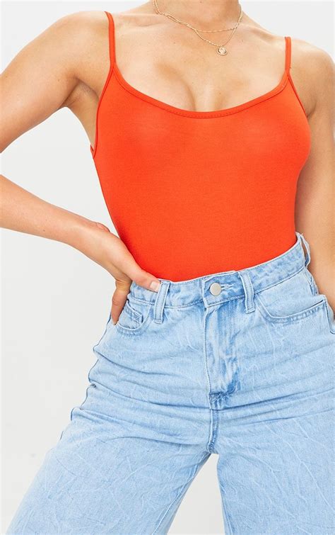 Basic Orange Bodysuit In 2021 Orange Bodysuit Bodysuit Tops Fashion
