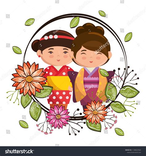 little japanese couple girls kawaii with flowers royalty free stock vector 1138022564