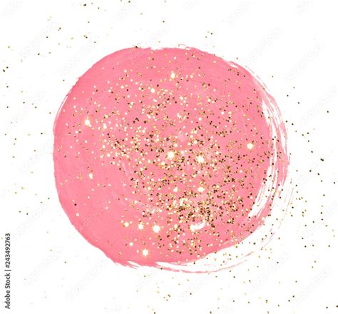 Golden glitter on abstract round pink watercolor splash on white