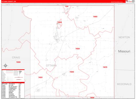 Ottawa County Ok Zip Code Wall Map Red Line Style By Marketmaps Mapsales