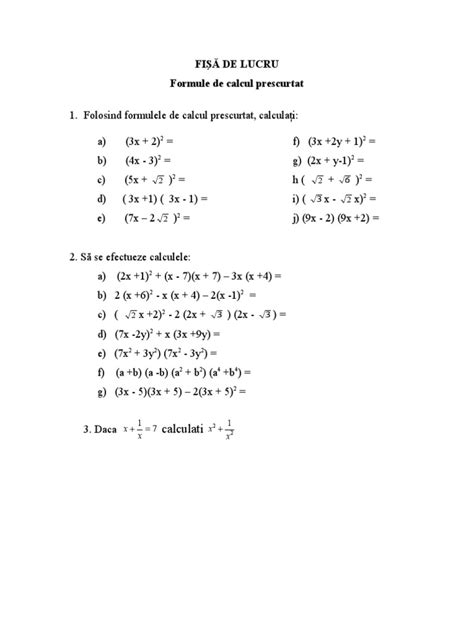 Fisa Formule De Calcul Prescurtat Pdf