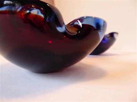 ashtray murano red ruby reflections cobalt blue folded sides modern style hand blown glass