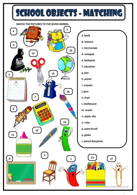 You can also practice matching pairs at home with the fun activity suggested at the bottom of the worksheet. SCHOOL OBJECTS - MATCHING worksheet - Free ESL printable ...
