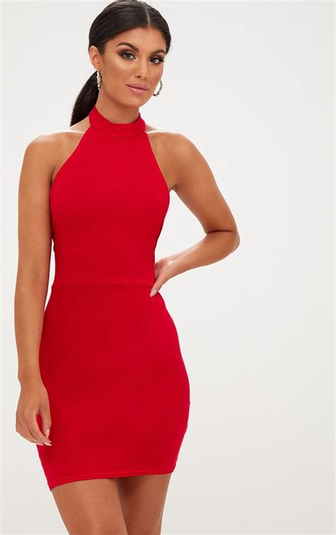 3 Red High Neck Tie Back Bodycon Dress With Black High Heels No Tights With This Dress Then